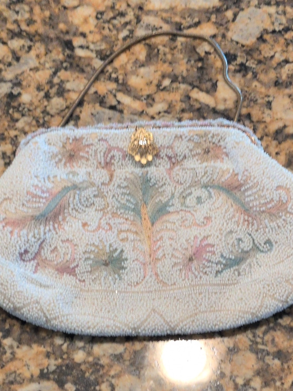 Vintage Beaded Floral Handbag in Cream with Pastel Embroidery